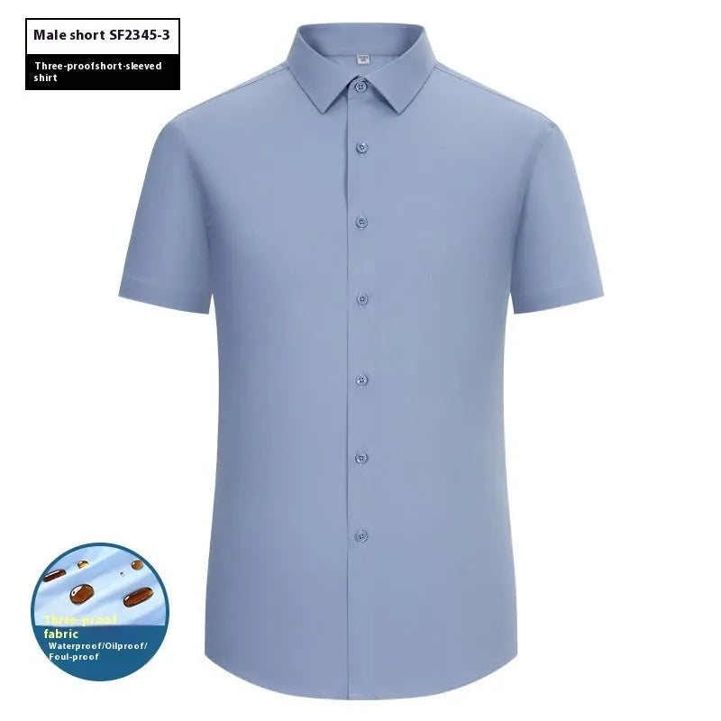 Men's slim fit bamboo fibre business shirt with square collar in a solid colour, shown in short sleeve style.