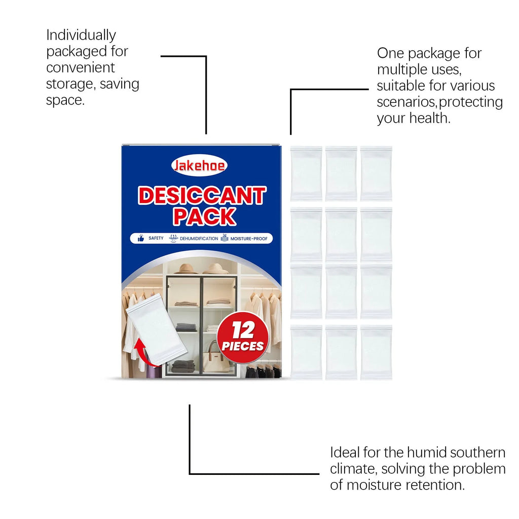 12 individual anti-odor desiccant packets for household moisture absorption