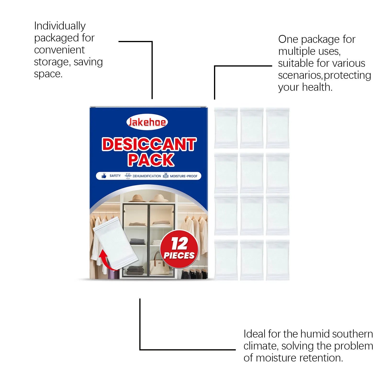 12 individual anti-odor desiccant packets for household moisture absorption