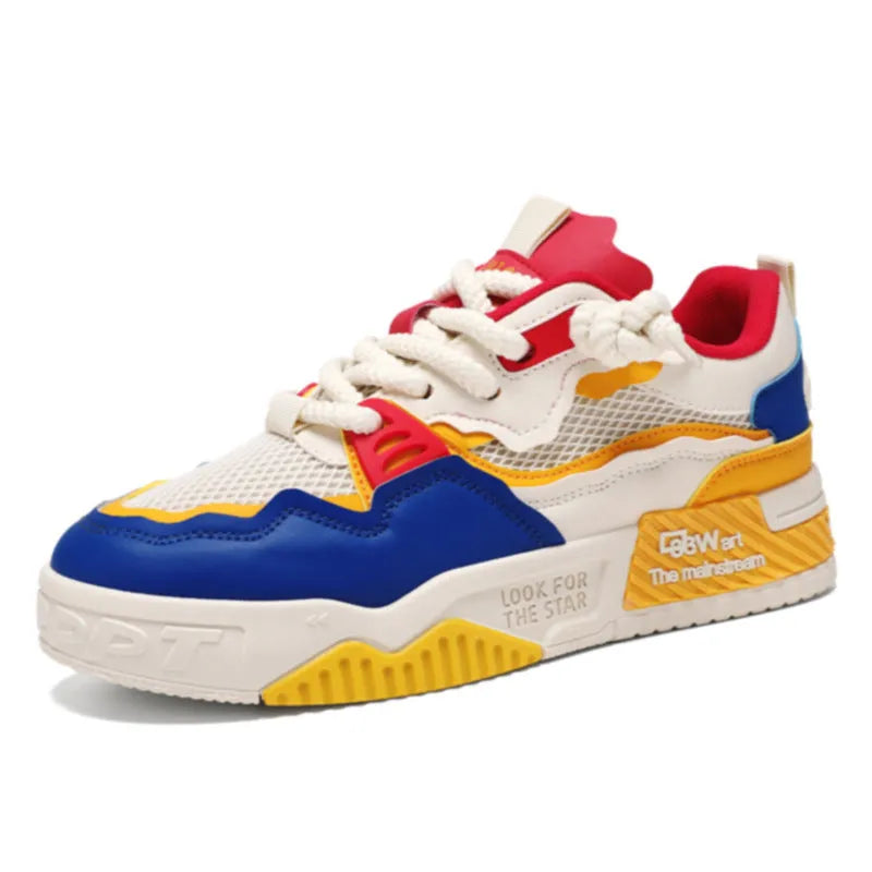 Men's low-top board shoes with soft rubber soles in beige, white and black, and white and yellow colour options