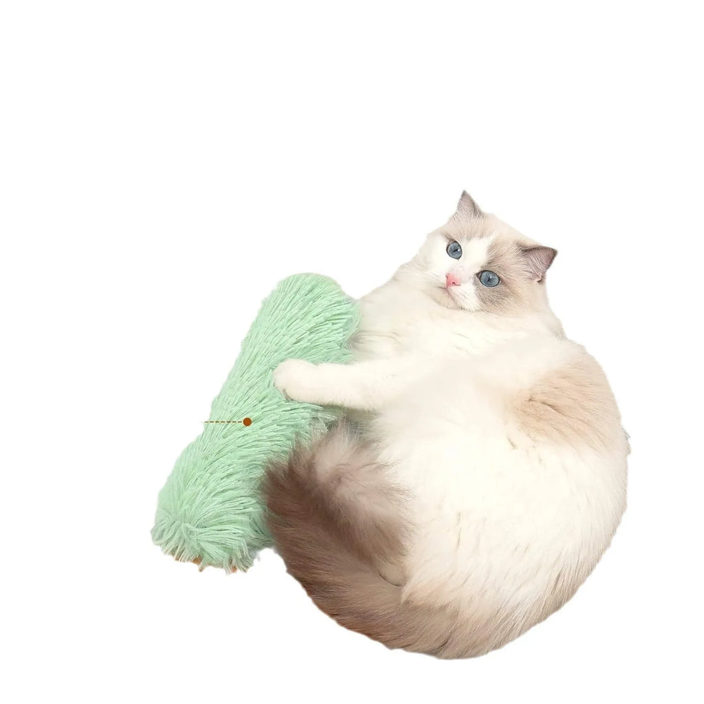 Soft plush cat toy pillow measuring 27x10cm available in blue green pink and white colours for pet play