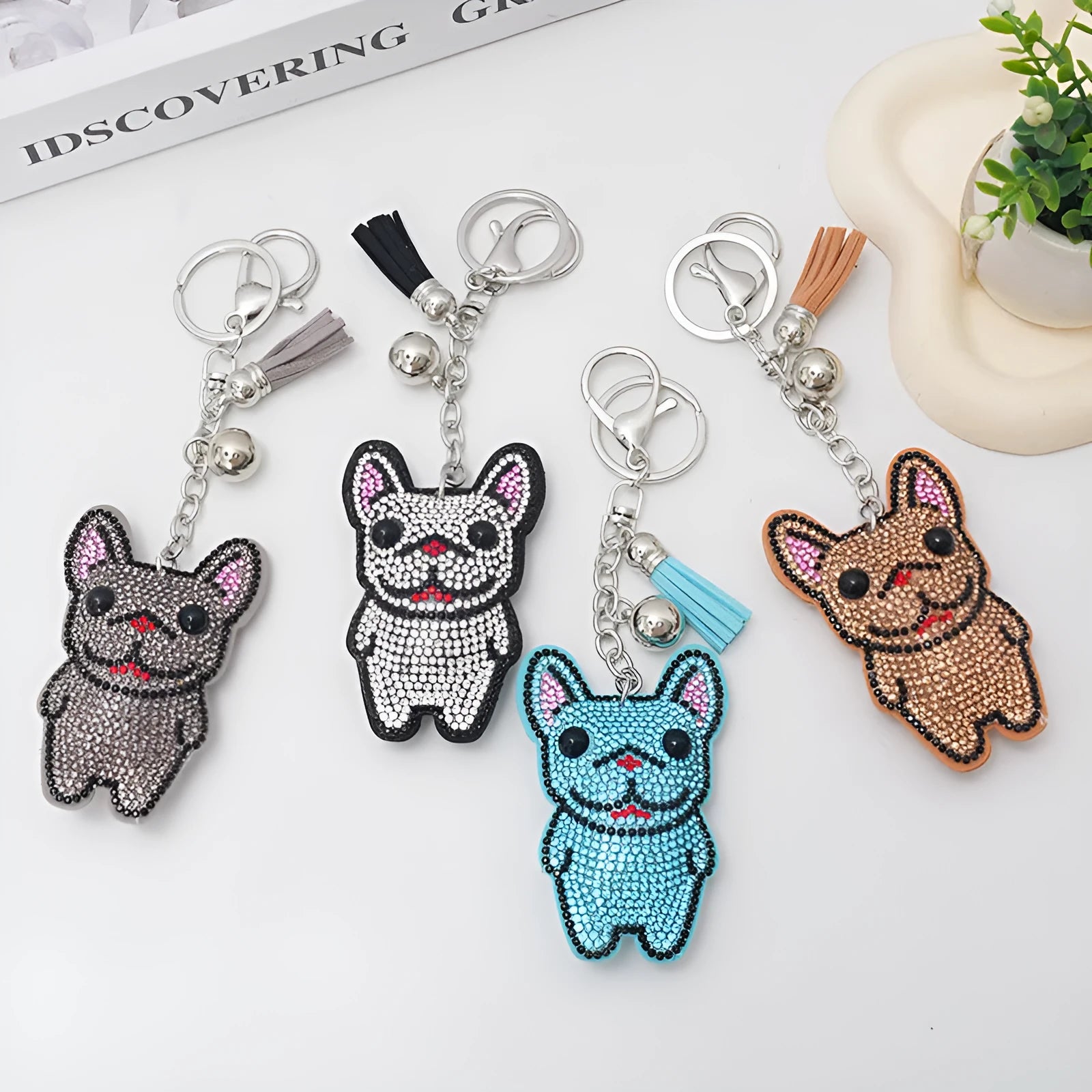 French dog rhinestone keychain with cartoon bear design in caramel colour