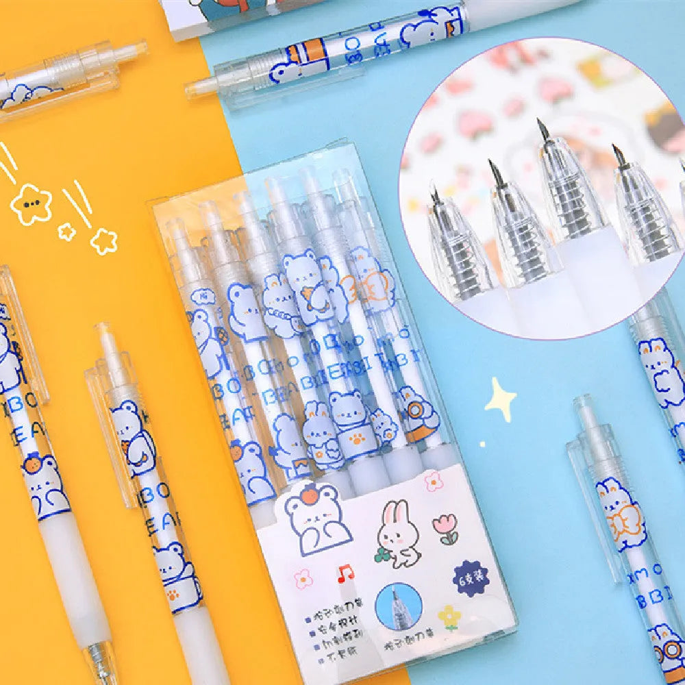 Set of six cute bear and rabbit character design retractable pen knives with ballpoint pens.