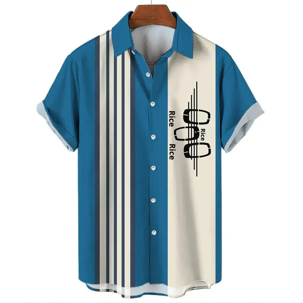 Man wearing a striped short-sleeve Hawaiian button-up shirt in a bright colour.