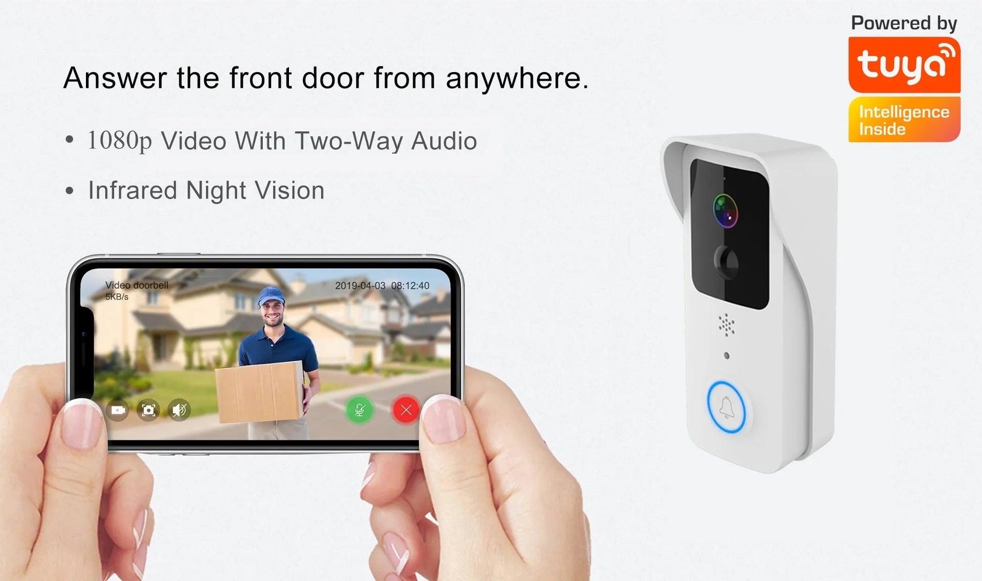 Black or white smart waterproof visual doorbell for remote home security