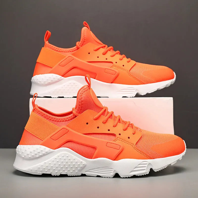 Men's low top casual shoes with cross shoulder straps in fluorescent red, green, or yellow.