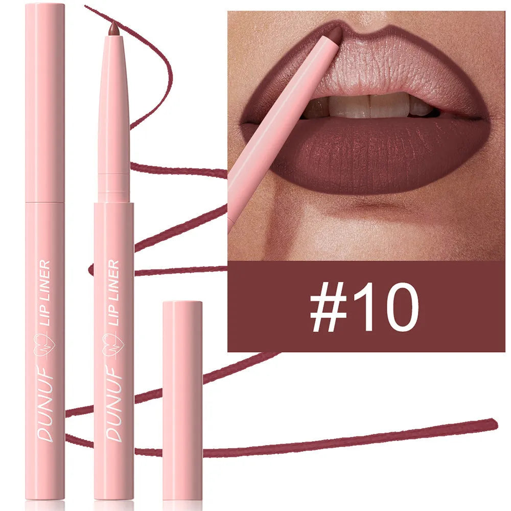 Matte velvet lip liner pencil showing 12 colour shades from nude to plum