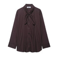 Brown women's poplin shirt with bow tie scarf detail and long sleeves