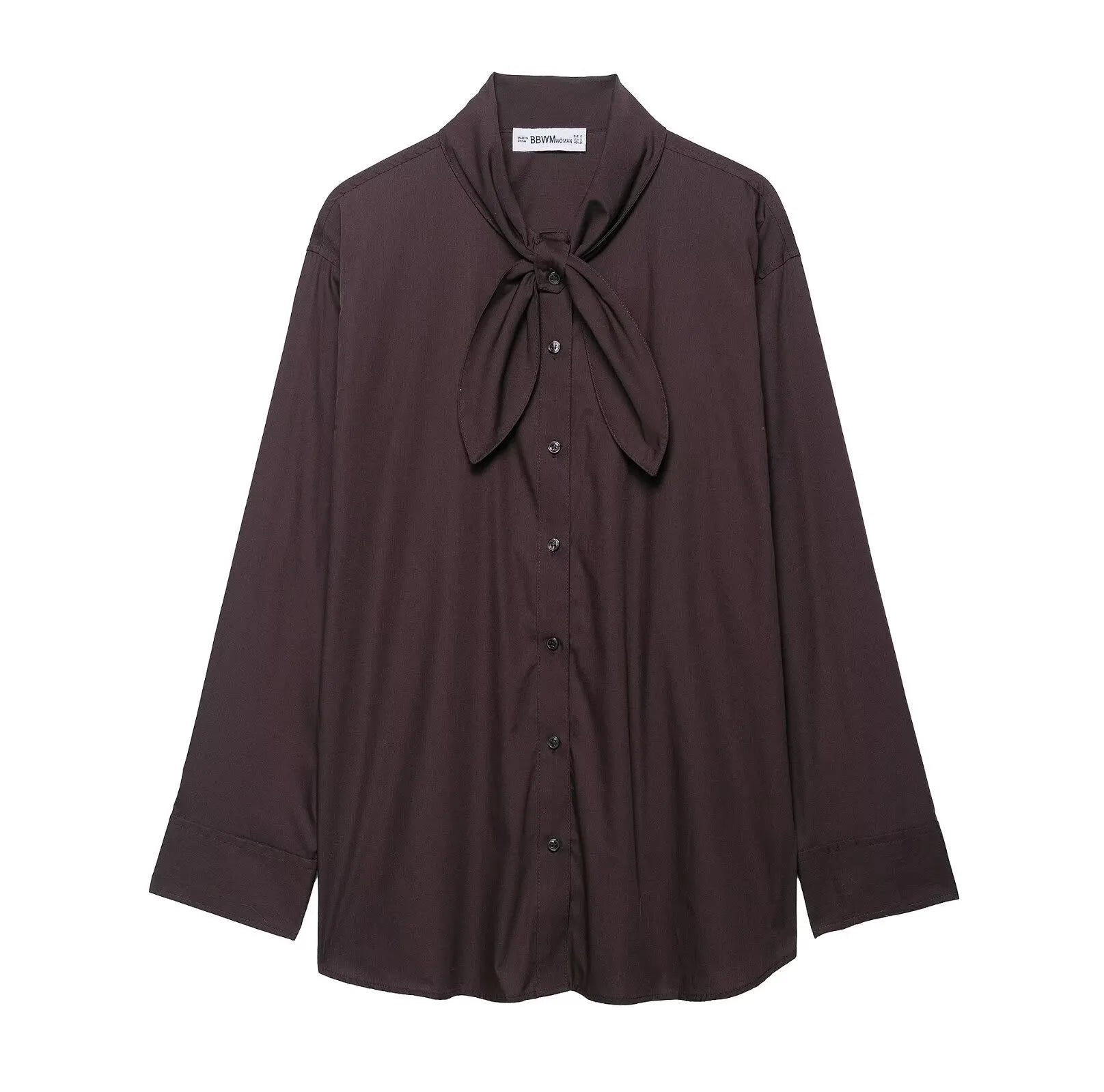 Brown women's poplin shirt with bow tie scarf detail and long sleeves