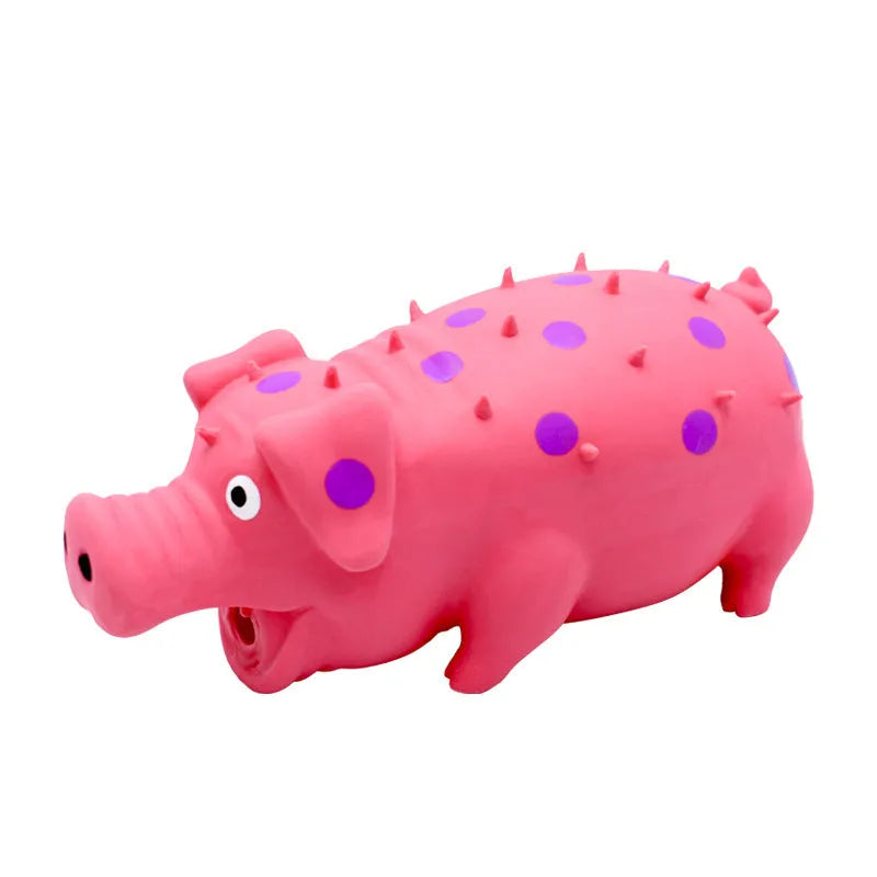 Pig-shaped latex dog chew toy with squeaker in various colours, 20cm long