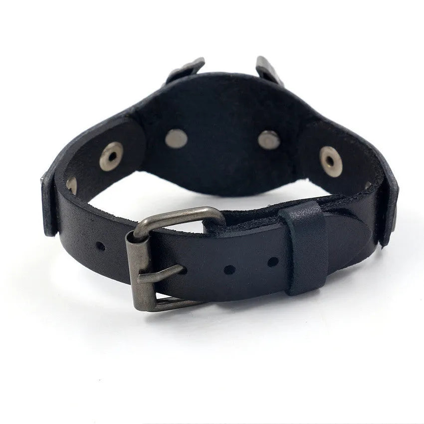 Black leather bracelet with alloy eagle watch-button closure, geometric design, 26cm length