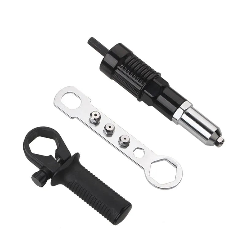 Black metal electric drill rivet gun with handle, wrench, and rivet heads, 173mm long.