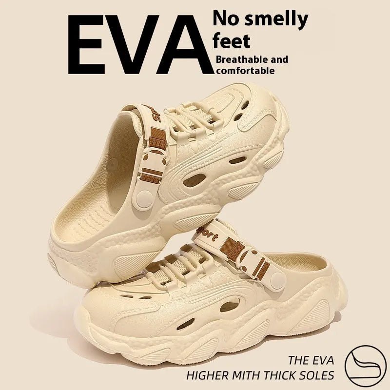 Men's khaki outdoor summer slippers with breathable hollow-out design and non-slip EVA sole