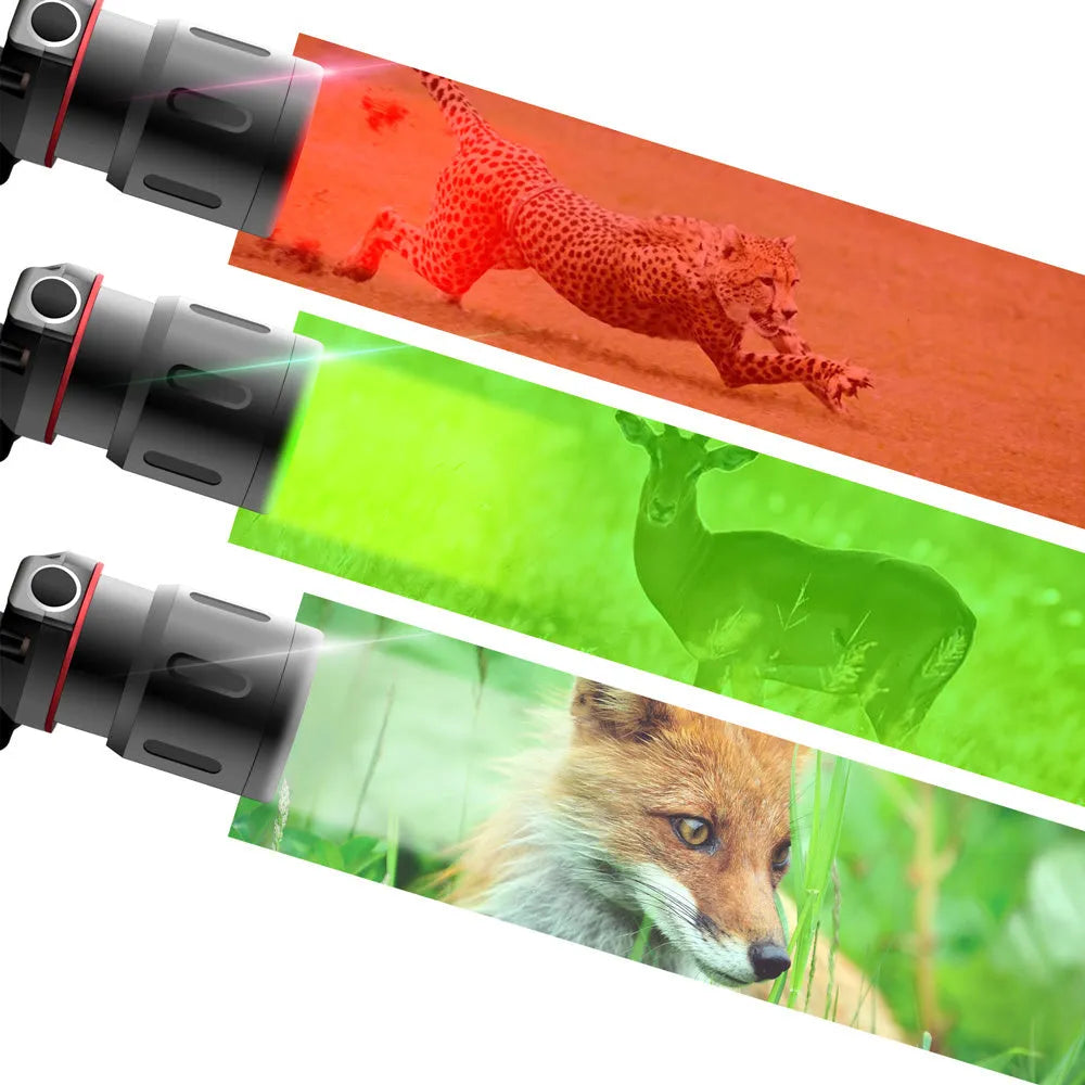 T6 LED zoom headlamp showing white, green, and red light modes with adjustable focus.