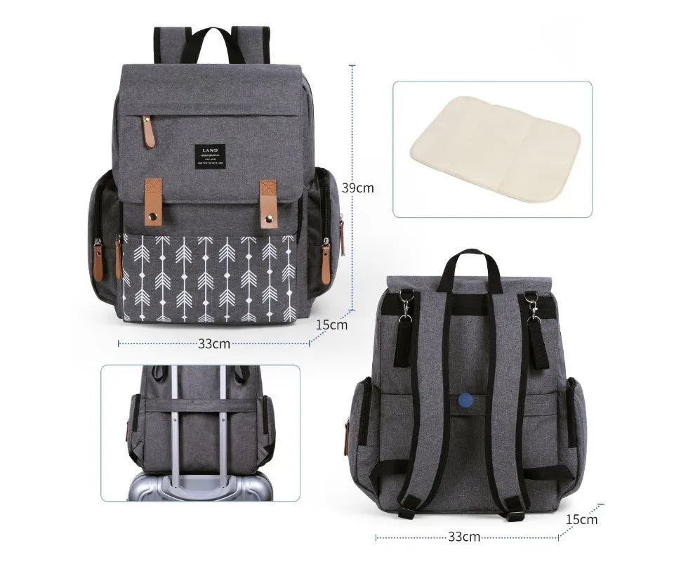 LAND Mommy Diaper Bag Backpack in oxford cloth with changing mat, shown in beige colour.