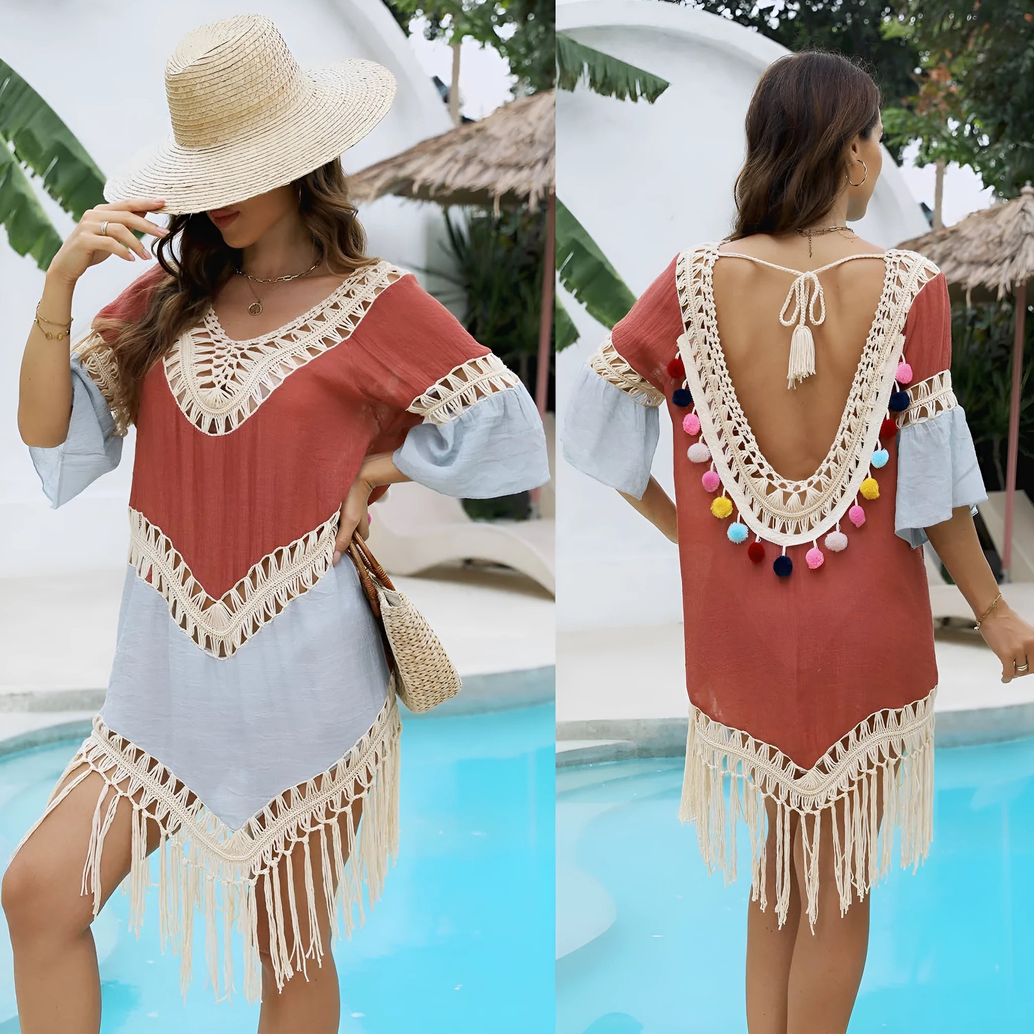 Orange hand crochet beach overskirt with floral pattern and tassel trim
