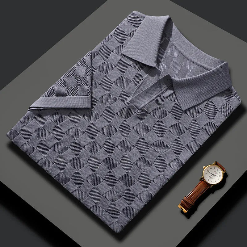 Men's mulberry silk short sleeve sweater with lapels in business casual style