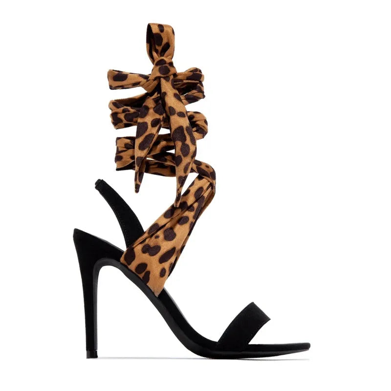 Light brown leopard print Roman-style stiletto heels with cross straps and super-high 8cm heel