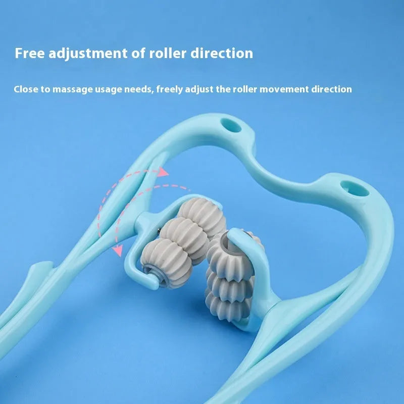 Blue handheld six-wheel massager for neck, shoulders and back muscle tension relief