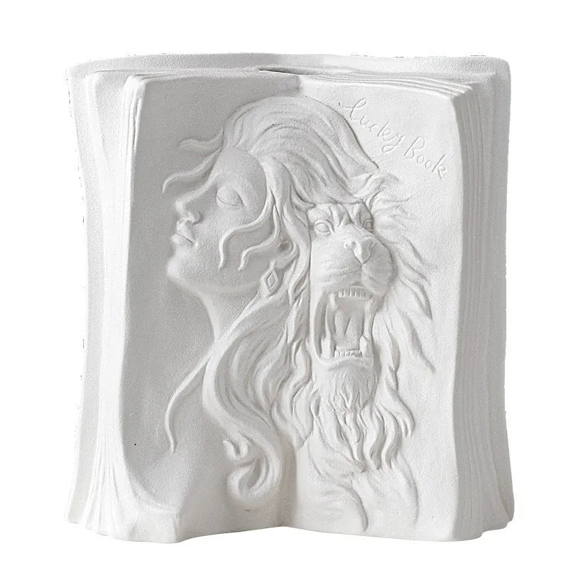 Glazed ceramic book stand ornament in a modern style on a desktop, shown in one of four design options.