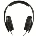 Black head-mounted monitor headphones with over-ear cups, a built-in microphone, and a long cable with a 3.5mm plug.