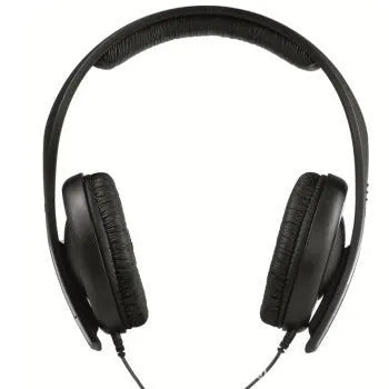 Black head-mounted monitor headphones with over-ear cups, a built-in microphone, and a long cable with a 3.5mm plug.