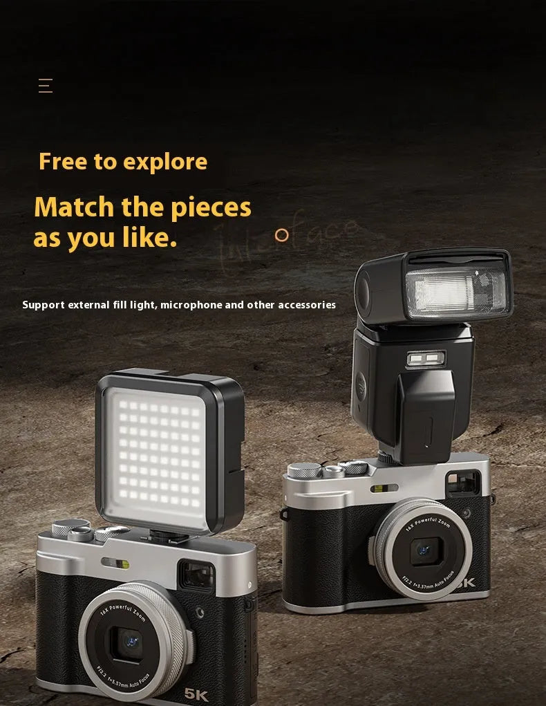 Black and brown 5K HD digital camera with front and rear lenses, optical viewfinder, and a 2.88-inch screen.