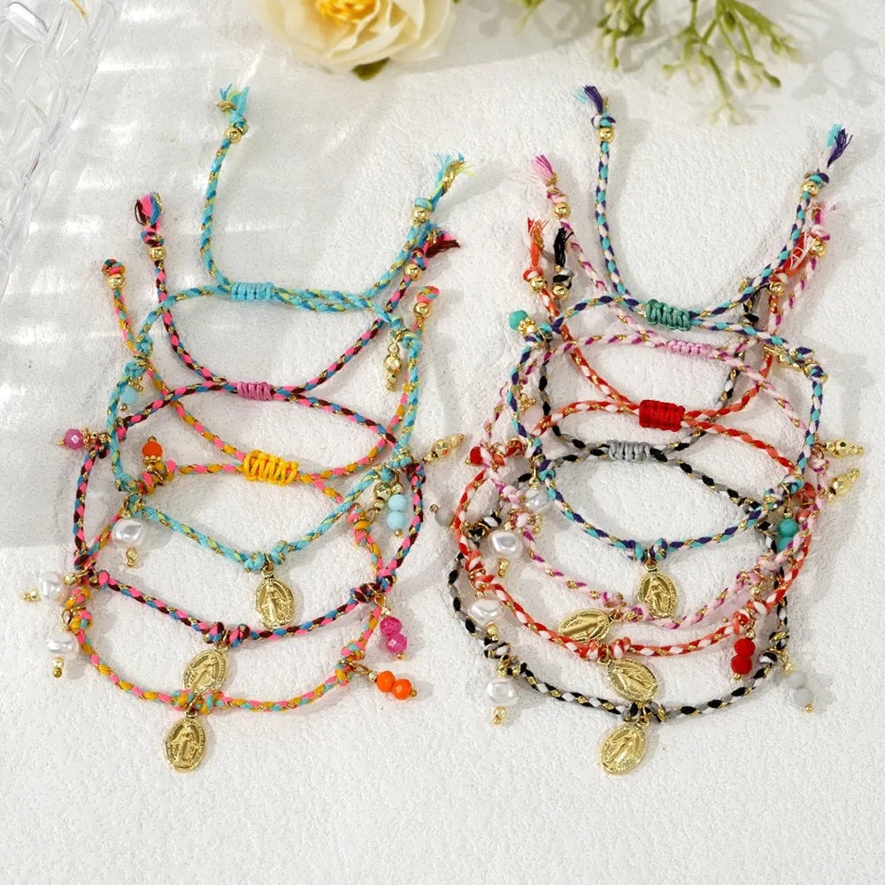 Hand-woven colourful braided rope bracelet for women in ethnic carrying strap tag design