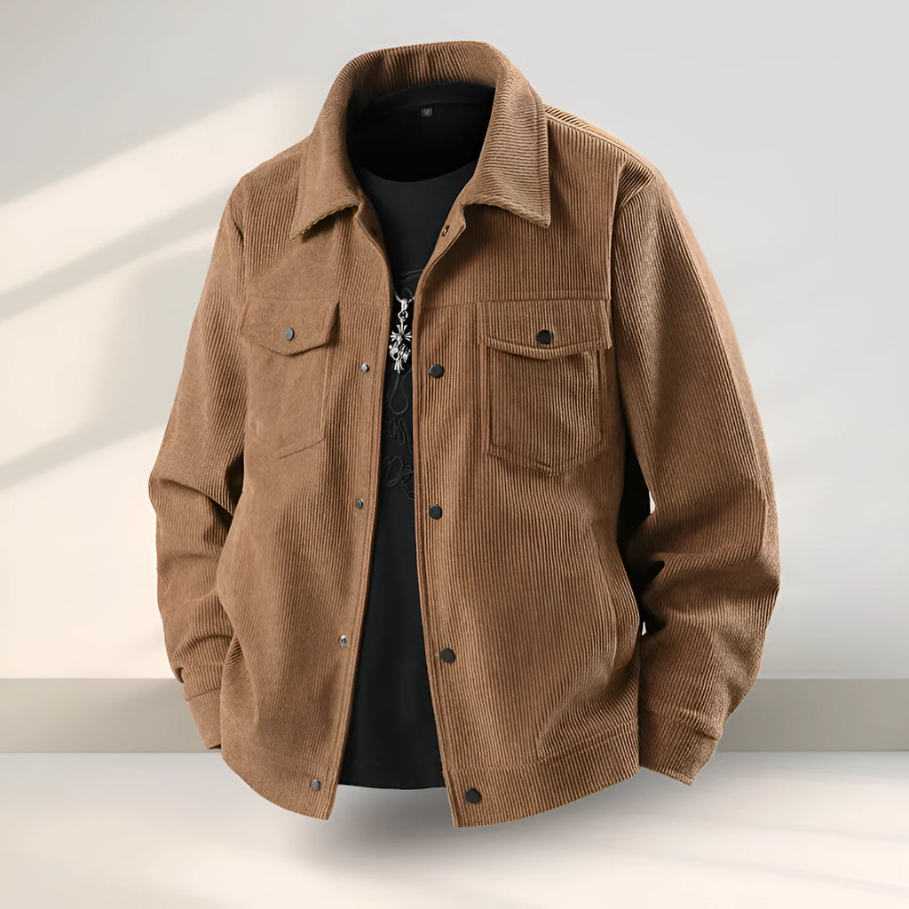 Man wearing a slim fit black casual coat with an American ruffle design detail.