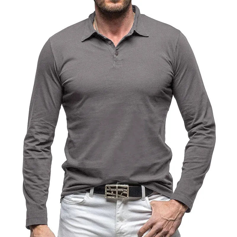 Men's dark gray cotton polo collar long sleeve t-shirt in American Retro style