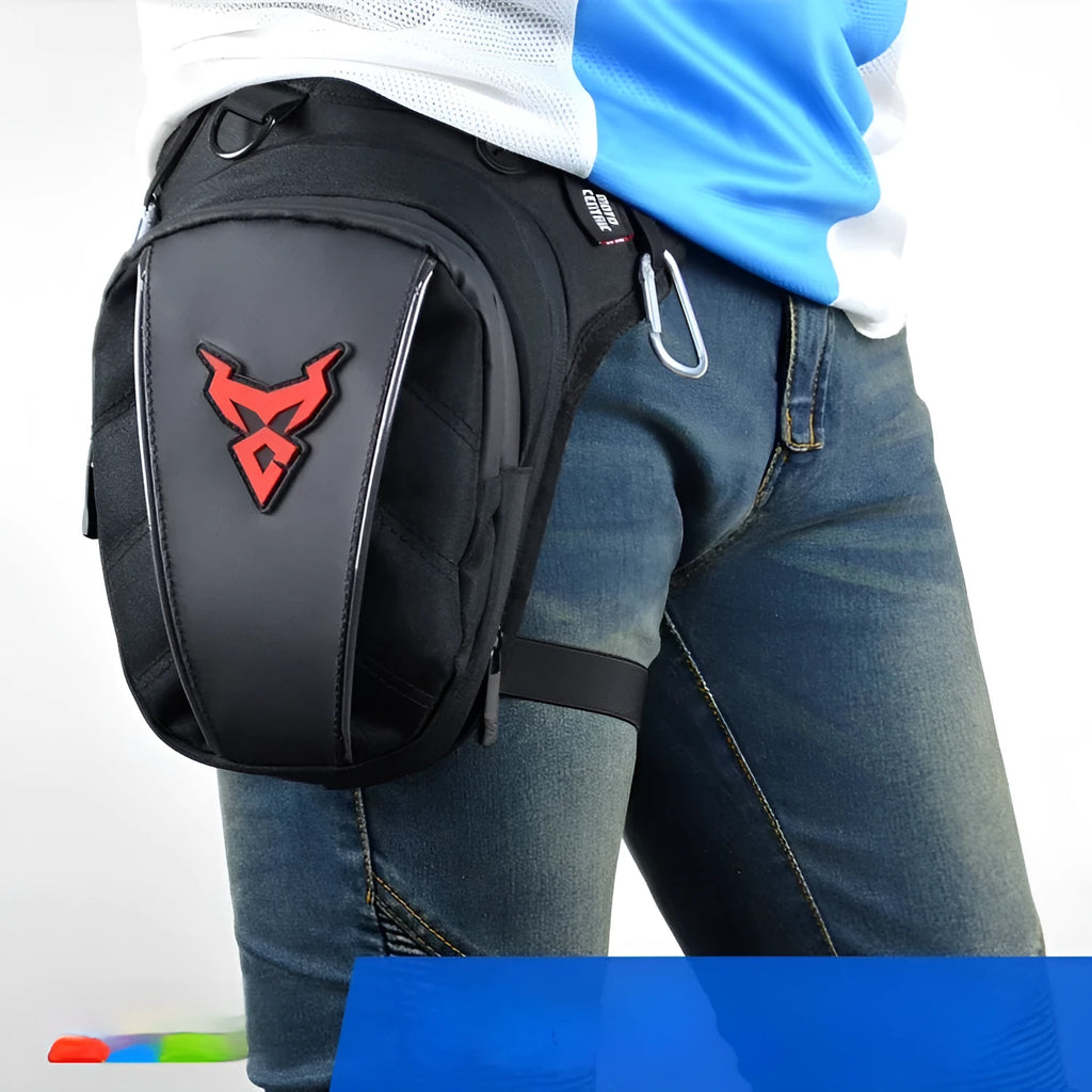 0105MC motorcycle leg bag in red, made from 1200D Oxford cloth, showing crossbody strap and 29cm size.