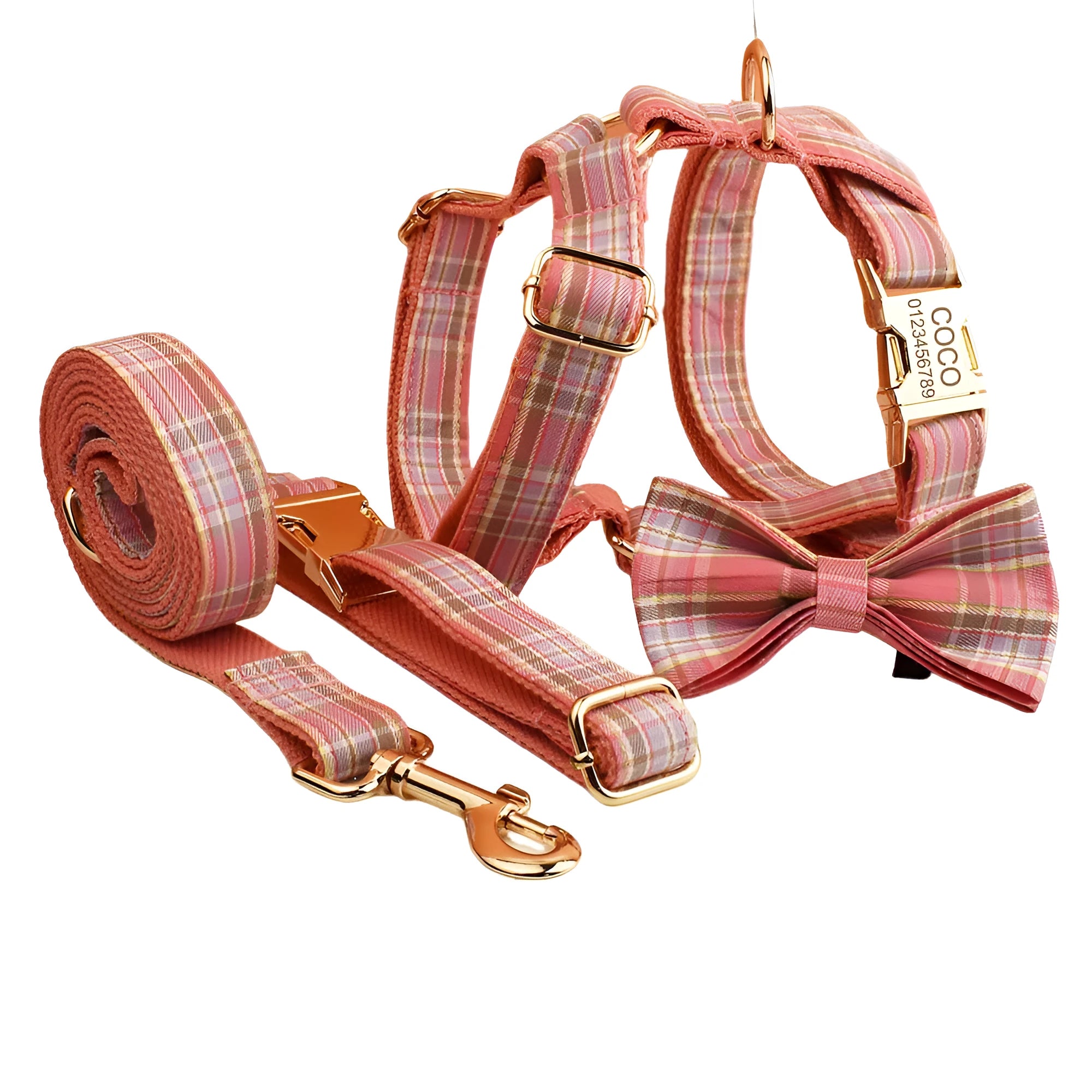 Plaid cloth pet collar traction rope set with dog leash, bow, and dog vest for small dogs