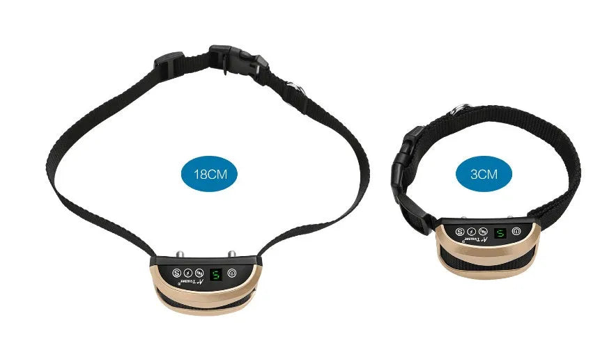 Digital anti-bark dog training collar with reflective strap on black, gold, and silver backgrounds.