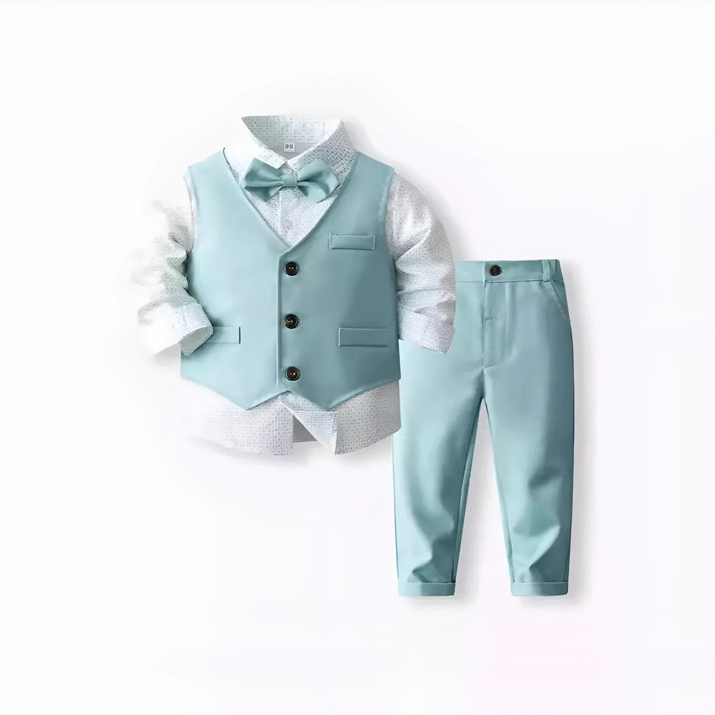 Boy's green cotton three-piece waistcoat suit set with shirt and trousers