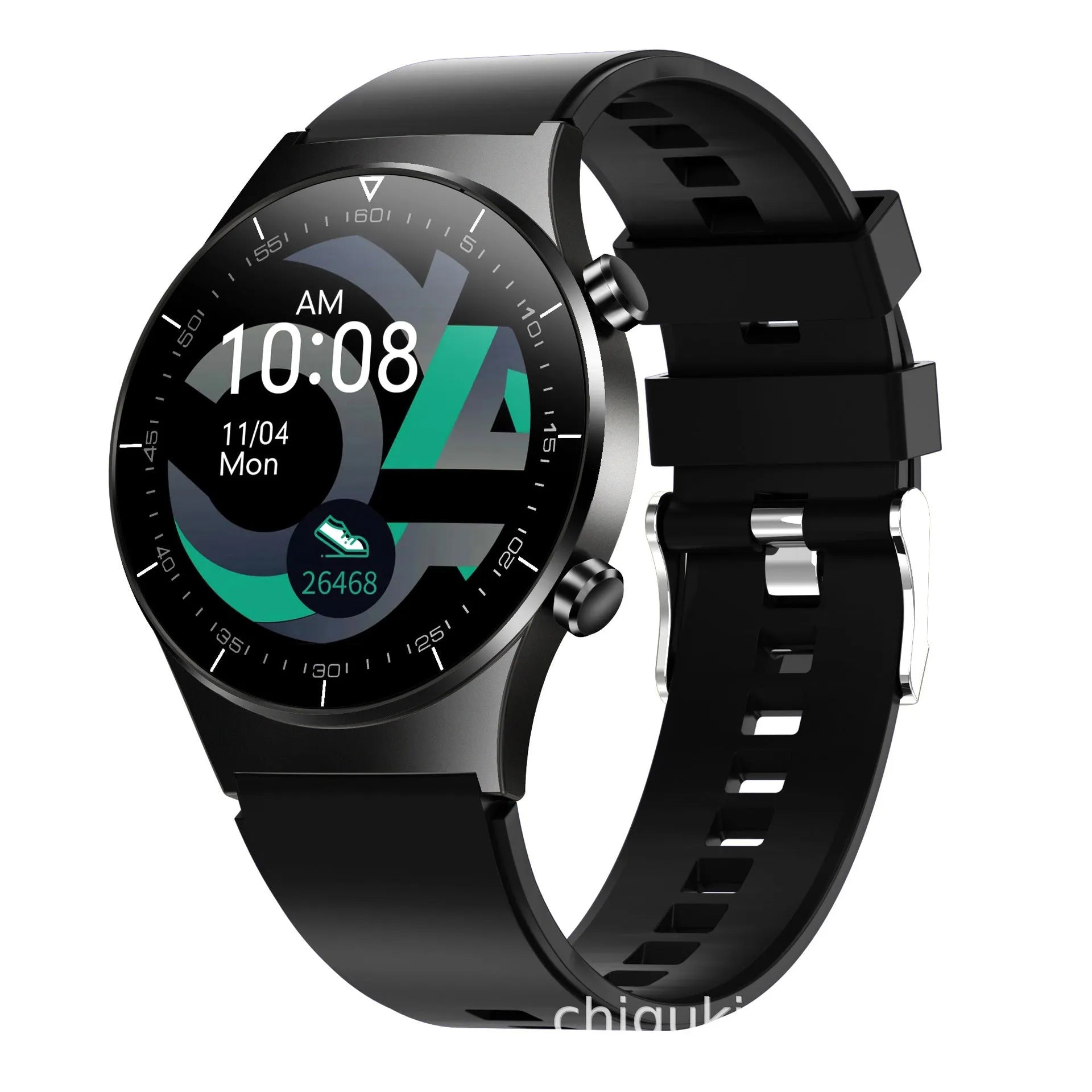 Black smart watch with 1.3 inch touchscreen displaying heart rate and blood pressure readings