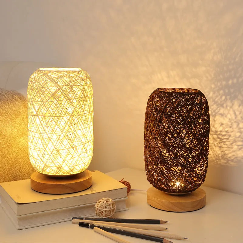 Sepak Takraw desk lamp with hemp rope construction and solid wood base