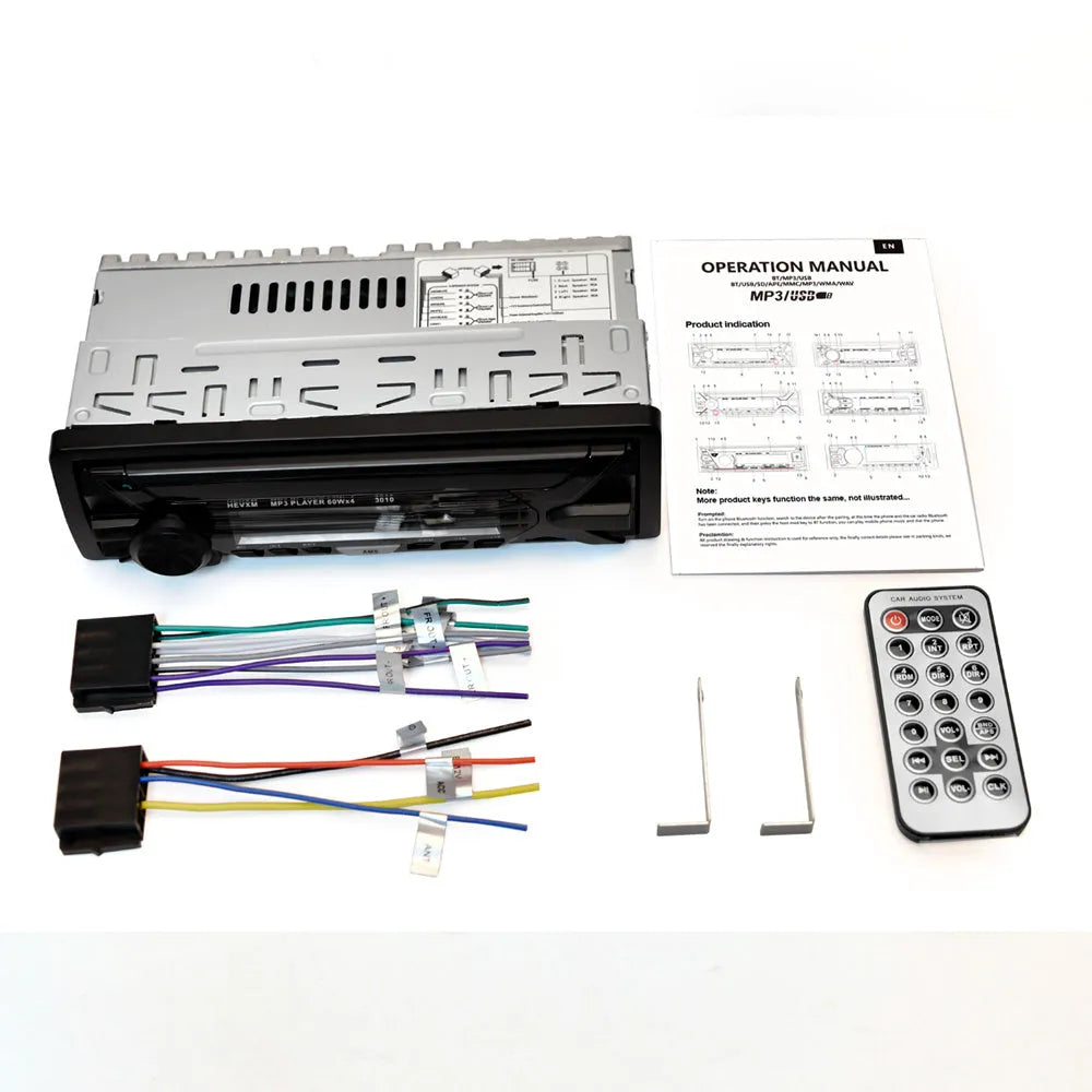 Bluetooth car stereo MP3 player with LCD display, rotary volume knob, USB port and remote control