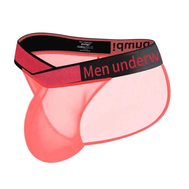 Men's transparent ice silk briefs with large V gradient high fork design in red colour