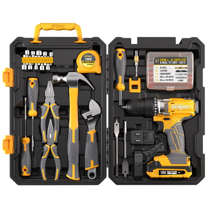 Grey-yellow case open to show 82-piece chrome-vanadium steel hardware tool kit.