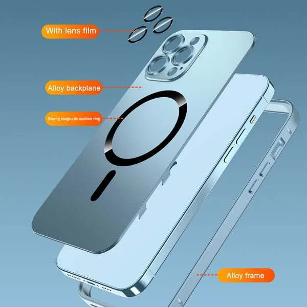 Aluminium alloy frame magnetic snap-on protective case for iPhone in five colour options.