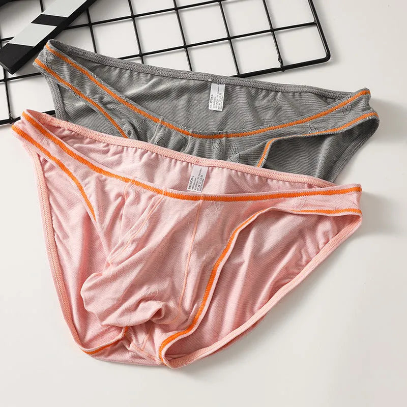 Men's ice silk modal butt-lift underwear shown in dark gray, pink, yellow green, blue, and sky blue colours.