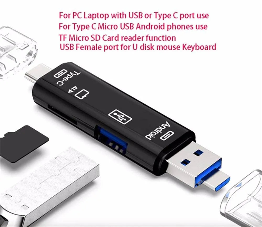 Black and white USB hub adapter with Type-C, Micro USB and TF card reader for MacBook and mobile devices