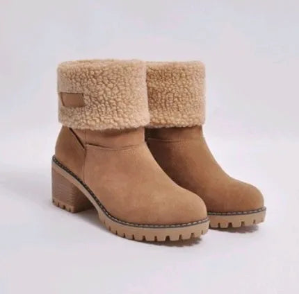 Women's suede mid-calf snow boots in multiple colours with a flat heel and round toe.