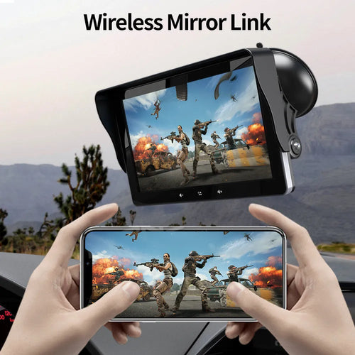 7-inch wireless CarPlay display with suction cup mount and cigarette lighter connector for vehicle installation