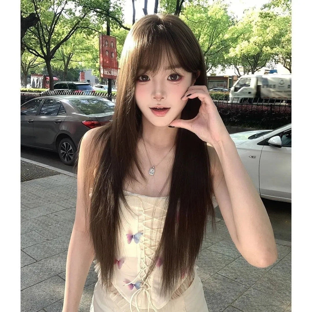 Brown black high-temperature fibre simulation wig for ladies on display