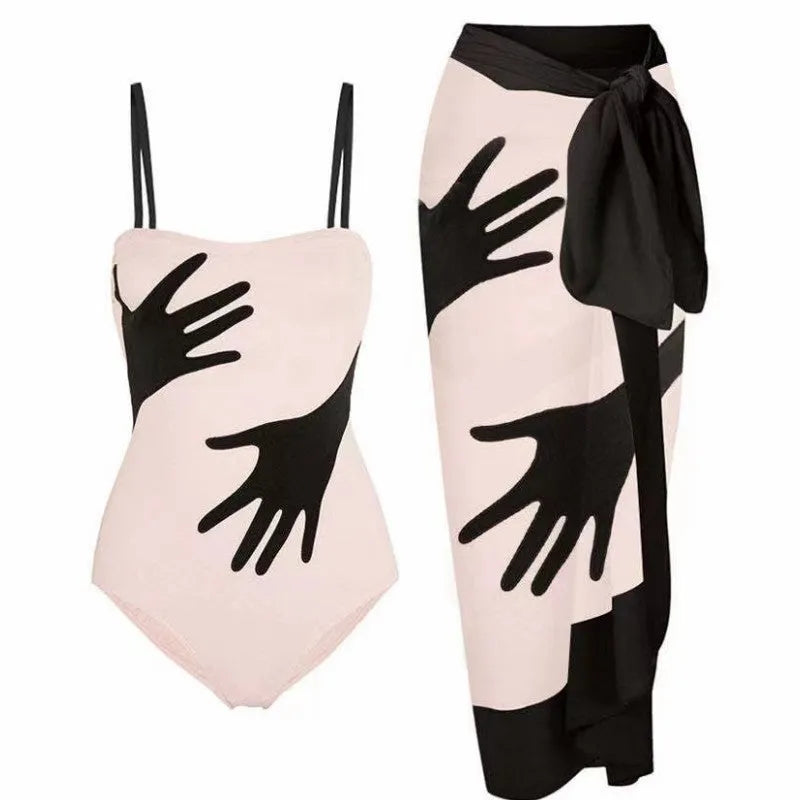 Women's solid-colour one-piece bikini swimsuit with optional gauze skirt.
