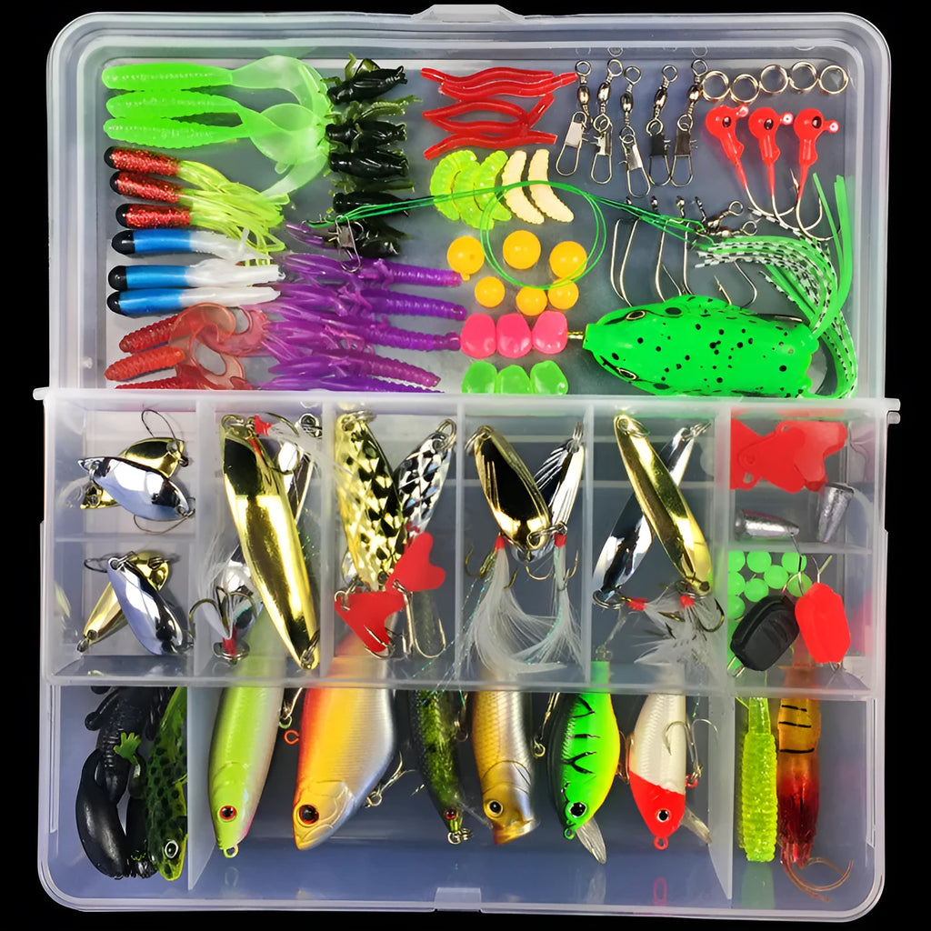 Junior fishing lure suit with PP storage box containing soft plastic baits in 28 to 106 piece size options
