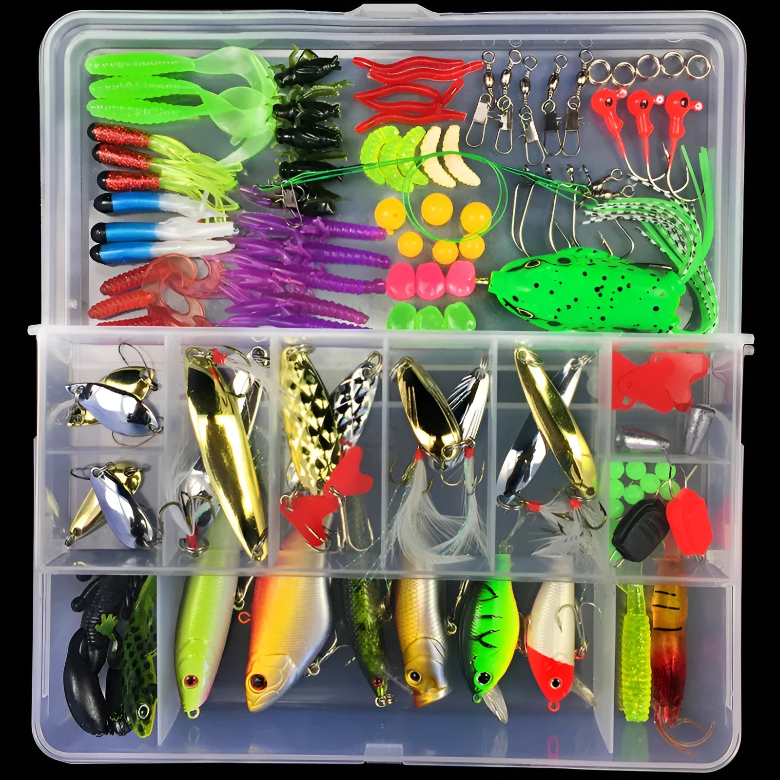 Junior fishing lure suit with PP storage box containing soft plastic baits in 28 to 106 piece size options