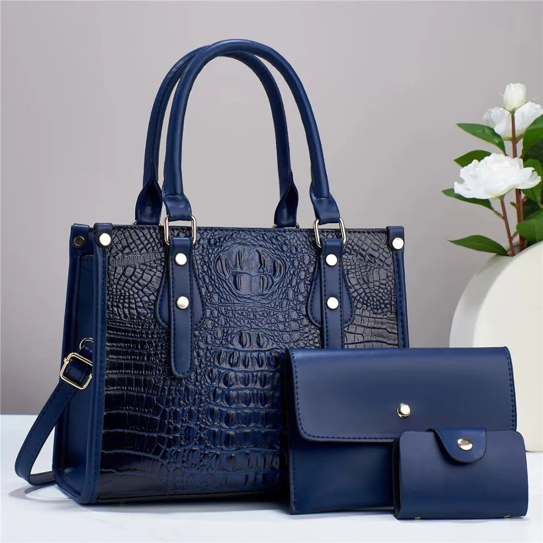 Contrast colour minimalist three-piece bucket bag set with wallet and card holder in PU leather.