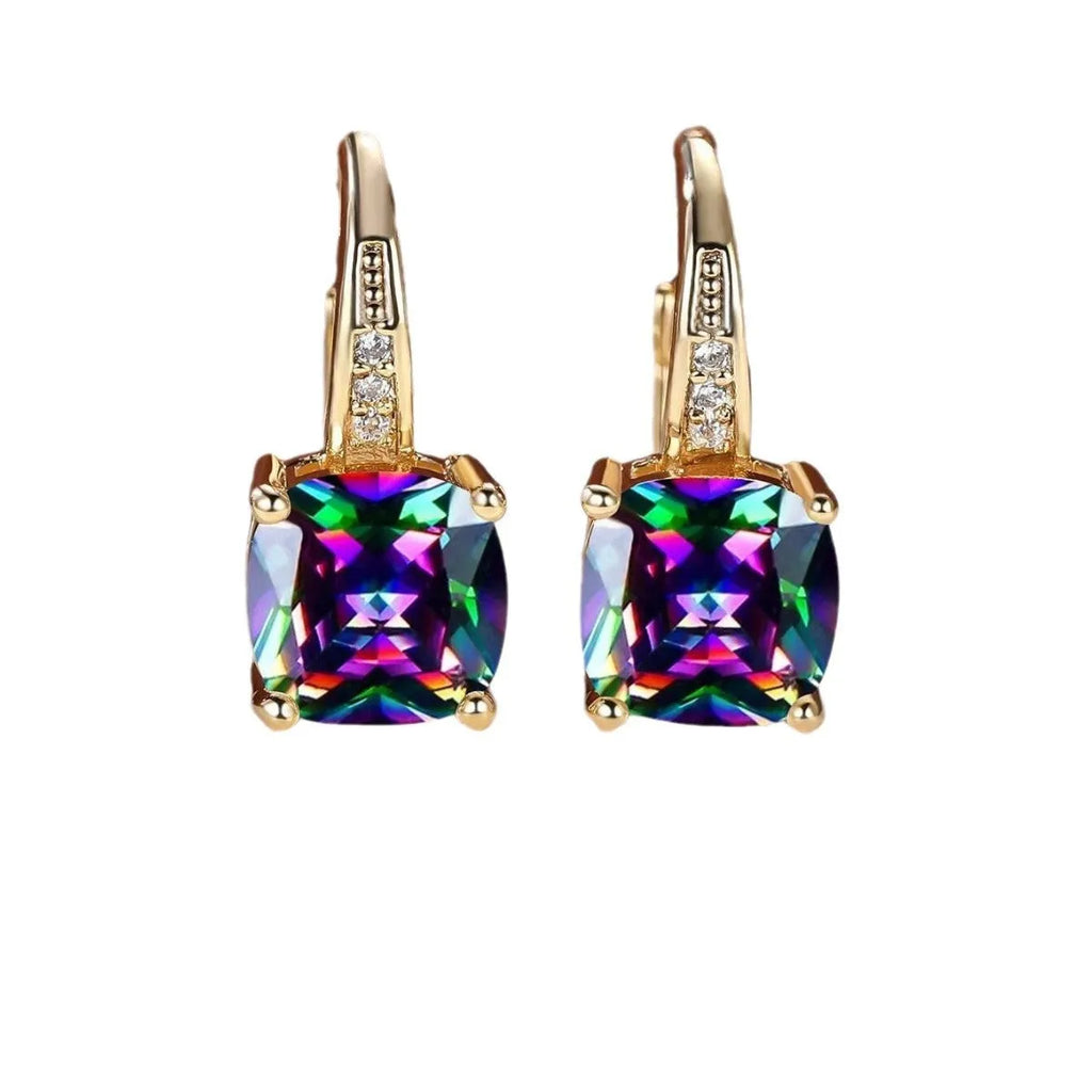 Geometric copper ear clip with colourful moissanite stones in quadrilateral pattern